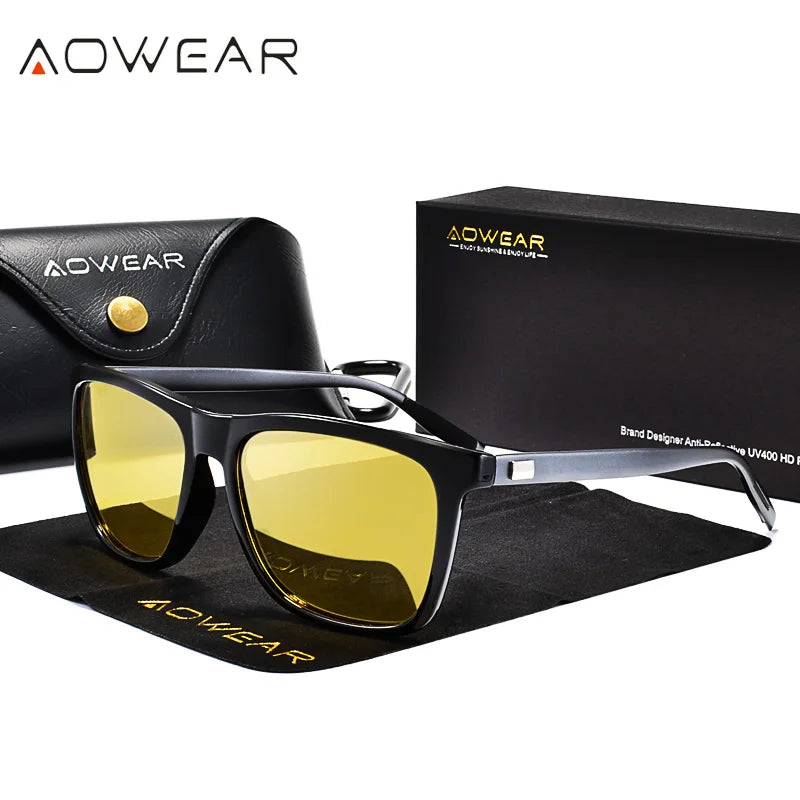 AOWEAR HD Night Vision Glasses - Men's Aluminum Polarized Yellow Lens Sunglasses for Safe Night Driving