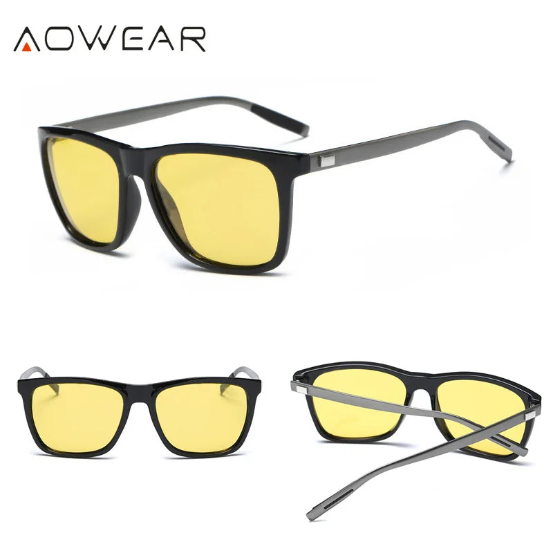 AOWEAR HD Night Vision Glasses - Men's Aluminum Polarized Yellow Lens Sunglasses for Safe Night Driving