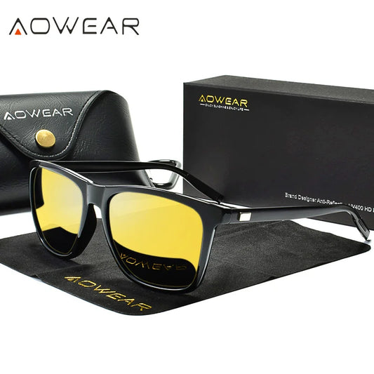 AOWEAR HD Night Vision Glasses - Men's Aluminum Polarized Yellow Lens Sunglasses for Safe Night Driving