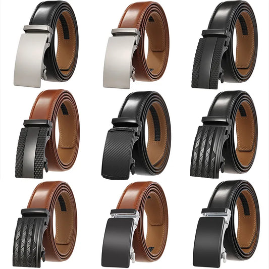 High-Quality 3.5cm Width Second Layer Cow Leather Belt for Men - Business Metal Automatic Buckle Ratchet in Black