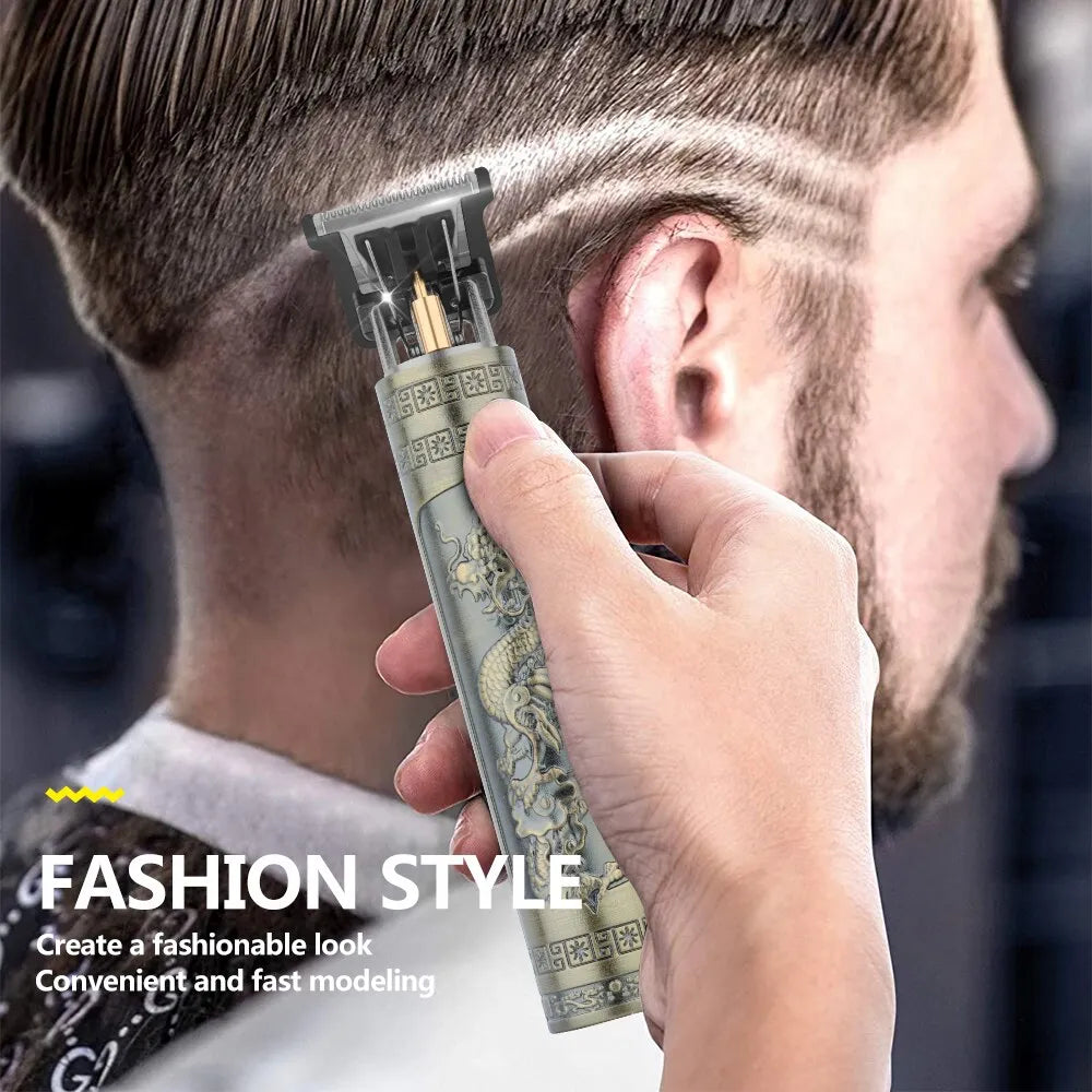 Vintage T9 Electric Hair Clipper - Professional Rechargeable Barber Trimmer for Men with Dragon & Buddha Design