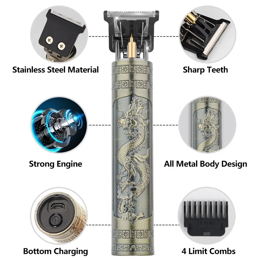 Vintage T9 Electric Hair Clipper - Professional Rechargeable Barber Trimmer for Men with Dragon & Buddha Design