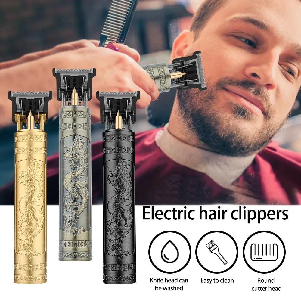 Vintage T9 Electric Hair Clipper - Professional Rechargeable Barber Trimmer for Men with Dragon & Buddha Design