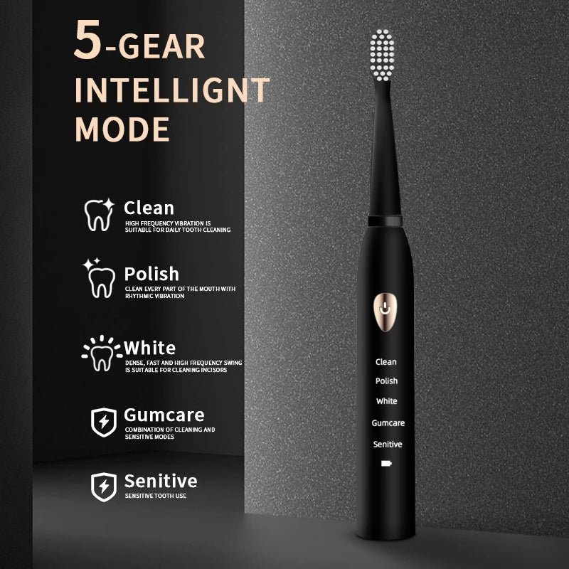 Classic Black & White Electric Toothbrush - 5 Modes, USB Charging, IPX7 Waterproof